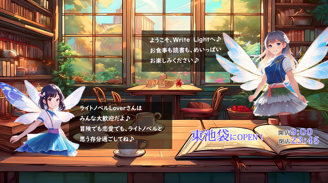 ようこそ、Write Lightへ♪  お食事も読書も、めいっぱいお楽しみください♪ ライトノベルLoverさんはみんな大歓迎だよ♪ 冒険でも恋愛でも、ライトノベルと思う存分過ごしてね♪